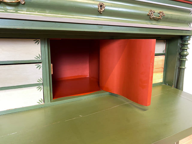 WMK I Imposanter grüner antiker Schreibschrank aus vollem Holz mit stabiler Schreibklappe und Schubladen I Sekretär Schrank Highboard Desk Kommode Wäsche Bauern Gründerzeit Vintage Berlin Dresden Ulm