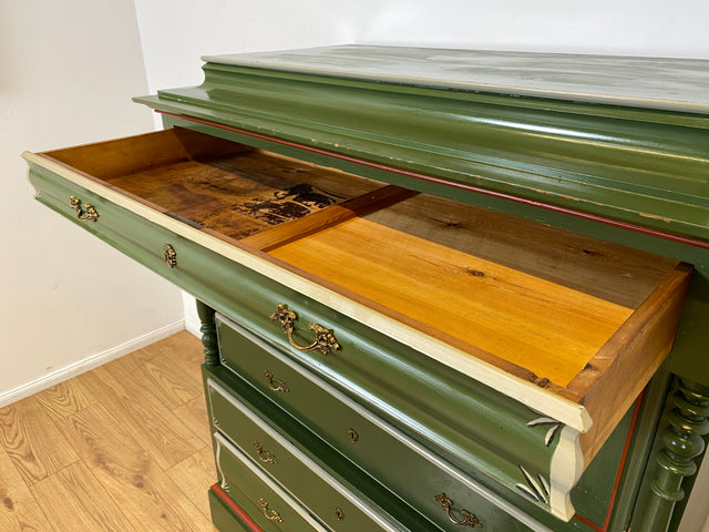 WMK I Imposanter grüner antiker Schreibschrank aus vollem Holz mit stabiler Schreibklappe und Schubladen I Sekretär Schrank Highboard Desk Kommode Wäsche Bauern Gründerzeit Vintage Berlin Dresden Ulm