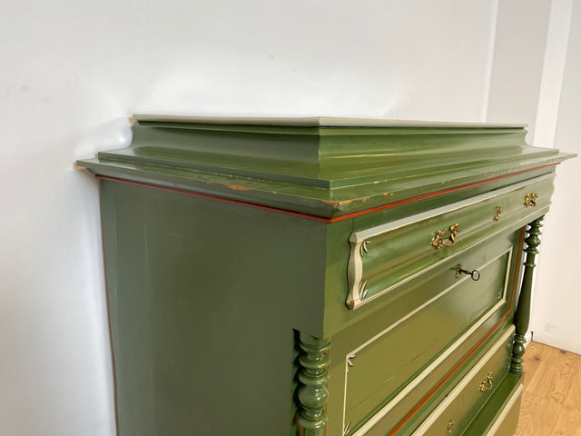 WMK I Imposanter grüner antiker Schreibschrank aus vollem Holz mit stabiler Schreibklappe und Schubladen I Sekretär Schrank Highboard Desk Kommode Wäsche Bauern Gründerzeit Vintage Berlin Dresden Ulm