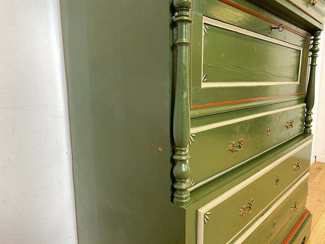 WMK I Imposanter grüner antiker Schreibschrank aus vollem Holz mit stabiler Schreibklappe und Schubladen I Sekretär Schrank Highboard Desk Kommode Wäsche Bauern Gründerzeit Vintage Berlin Dresden Ulm