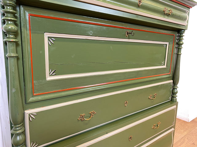 WMK I Imposanter grüner antiker Schreibschrank aus vollem Holz mit stabiler Schreibklappe und Schubladen I Sekretär Schrank Highboard Desk Kommode Wäsche Bauern Gründerzeit Vintage Berlin Dresden Ulm