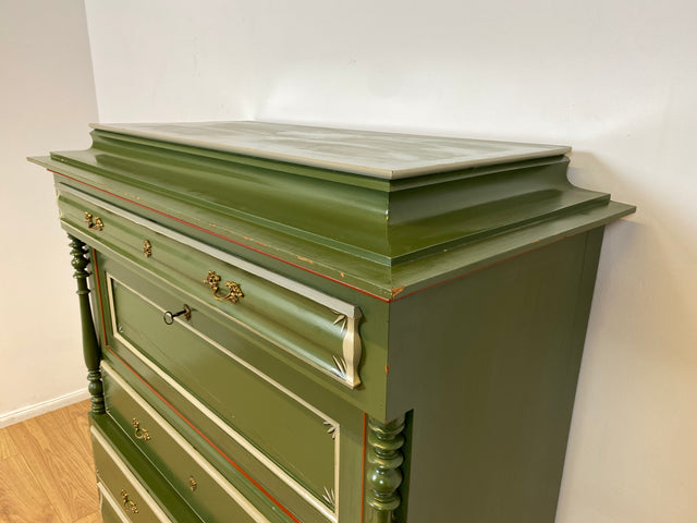 WMK I Imposanter grüner antiker Schreibschrank aus vollem Holz mit stabiler Schreibklappe und Schubladen I Sekretär Schrank Highboard Desk Kommode Wäsche Bauern Gründerzeit Vintage Berlin Dresden Ulm