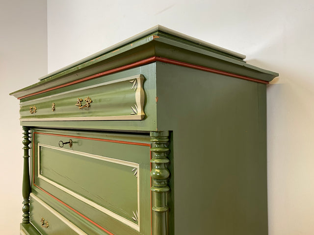 WMK I Imposanter grüner antiker Schreibschrank aus vollem Holz mit stabiler Schreibklappe und Schubladen I Sekretär Schrank Highboard Desk Kommode Wäsche Bauern Gründerzeit Vintage Berlin Dresden Ulm