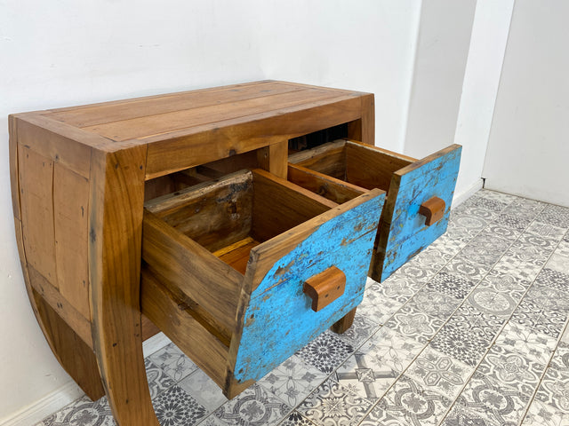 Boatwood by WMK # Formschöne Kommode mit zwei Schubladen , ein aus altem Bootsholz handgefertigtes Unikat aus massivem Teakholz # Sideboard Schrank Anrichte Konsole Flurkommode Ablage Opium Bootsmöbel