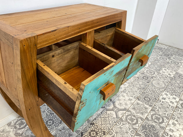 Boatwood by WMK # Formschöne Kommode mit zwei Schubladen , ein aus altem Bootsholz handgefertigtes Unikat aus massivem Teakholz # Sideboard Schrank Anrichte Konsole Flurkommode Ablage Bootsmöbel Opium