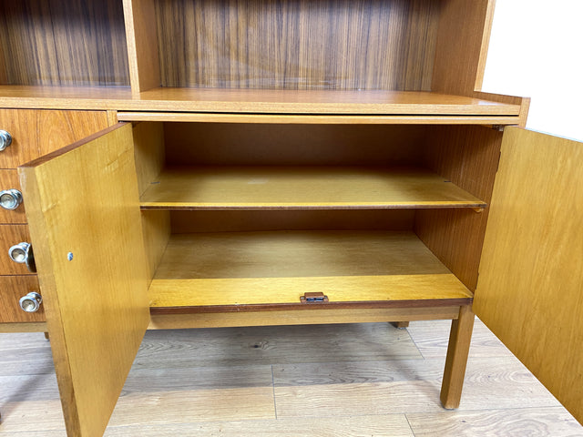 WMK Stilvoller skandinavischer Bücherschrank mit ausziehbarer Schreibplatte, Schubladen & verstell. Regalböden # Bücherregal Sekretär Regal Schreibschrank Highboard Sideboard Vintage Mid-Century 60er