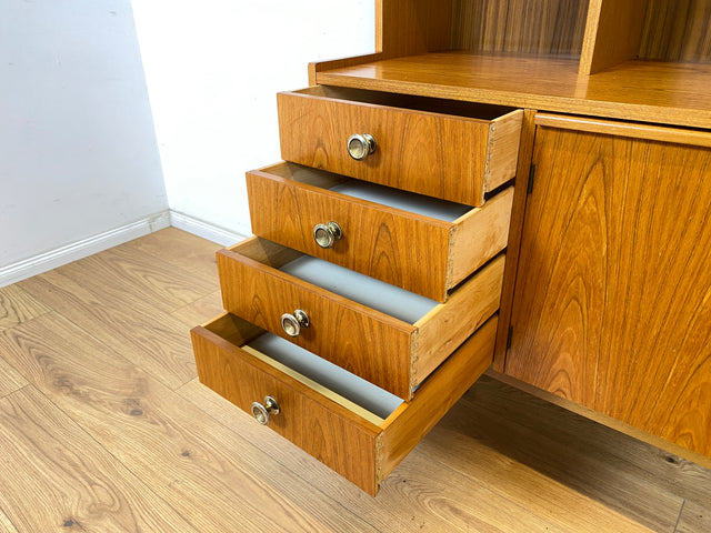 WMK Stilvoller skandinavischer Bücherschrank mit ausziehbarer Schreibplatte, Schubladen & verstell. Regalböden # Bücherregal Sekretär Regal Schreibschrank Highboard Sideboard Vintage Mid-Century 60er