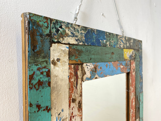 Boatwood by WMK # Robuster 60x60 Wandspiegel aus altem Bootsholz, ein handgefertigtes Unikat in Originalfarben der Boote # bunter Spiegel Flurspiegel Holzrahmen Badspiegel Mirror Treibholz Bootsmöbel