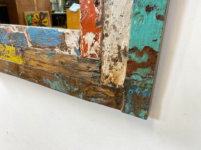 Boatwood by WMK # Robuster 60x60 Wandspiegel aus altem Bootsholz, ein handgefertigtes Unikat in Originalfarben der Boote # bunter Spiegel Flurspiegel Holzrahmen Badspiegel Mirror Treibholz Bootsmöbel