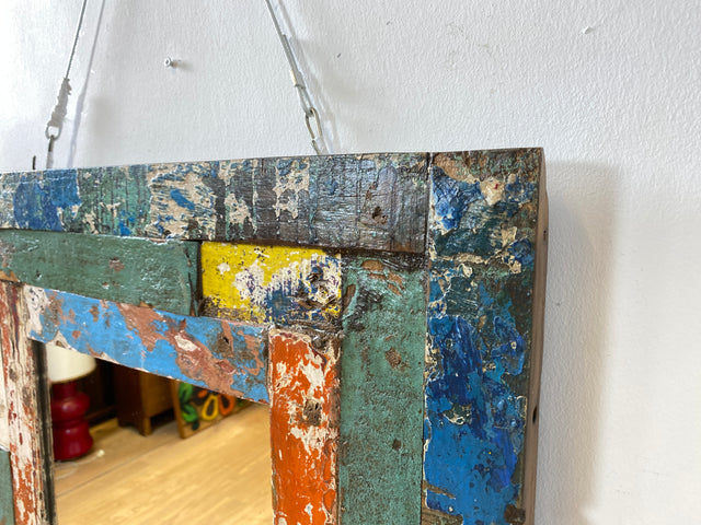 Boatwood by WMK # Robuster 60x60 Wandspiegel aus altem Bootsholz, ein handgefertigtes Unikat in Originalfarben der Boote # bunter Spiegel Flurspiegel Holzrahmen Badspiegel Mirror Treibholz Bootsmöbel