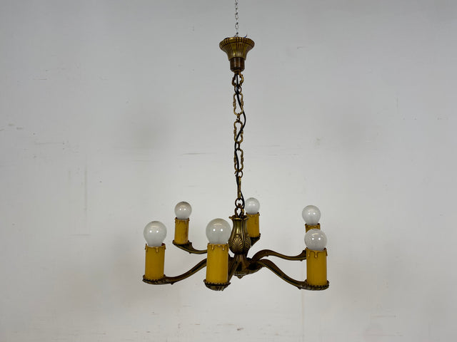 WMK Wunderschöner 6-flammiger antiker Kronleuchter aus Messing mit kerzenartigen Abdeckungen, neu verkabelt # Luster Deckenlampe Deckenleuchte Leuchte Kettenleuchte Hängeleuchte Vintage