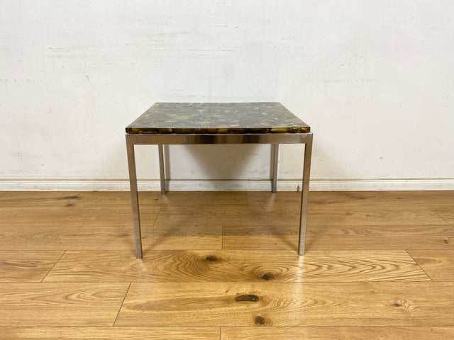 WMK Seltener und gut erhaltener 70er Jahre Couchtisch mit Epoxid Tischplatte mit eingelassenen echten Steinen auf Metallgestell # Wohnzimmertisch Coffee Table Glastisch Beistelltisch Vintage Space Age