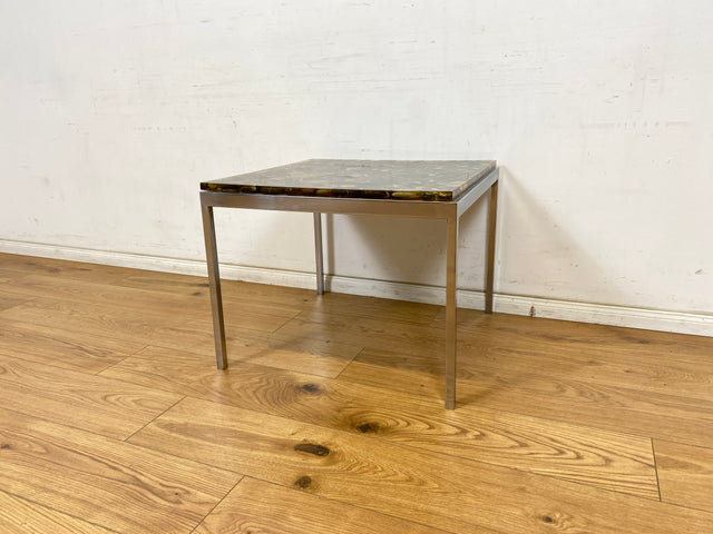 WMK Seltener und gut erhaltener 70er Jahre Couchtisch mit Epoxid Tischplatte mit eingelassenen echten Steinen auf Metallgestell # Wohnzimmertisch Coffee Table Glastisch Beistelltisch Vintage Space Age