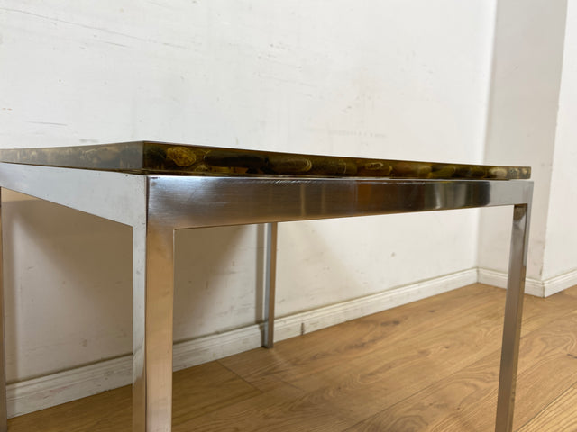 WMK Seltener und gut erhaltener 70er Jahre Couchtisch mit Epoxid Tischplatte mit eingelassenen echten Steinen auf Metallgestell # Wohnzimmertisch Coffee Table Glastisch Beistelltisch Vintage Space Age