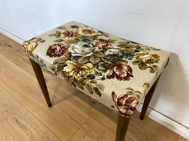 WMK Beautiful and very well preserved Scandinavian 60s stool with conical feet and great floral cover # Stool Footstool Bench Footstool Mid-Century Vintage # Shipping possible