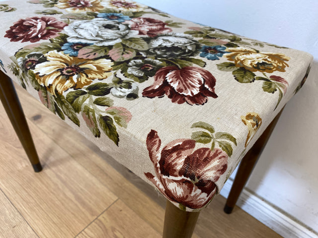 WMK Beautiful and very well preserved Scandinavian 60s stool with conical feet and great floral cover # Stool Footstool Bench Footstool Mid-Century Vintage # Shipping possible
