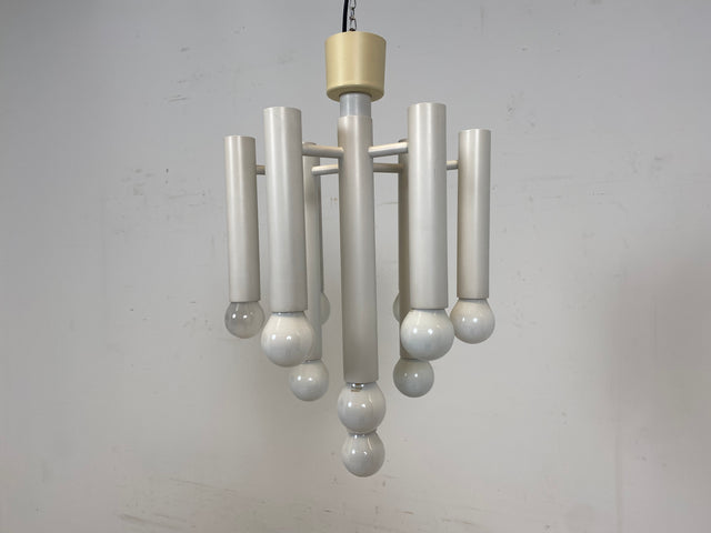 WMK # Berühmte und gut erhaltene weiße 70er Jahre Space Age Designer Deckenlampe von Temde aus Metall mit 10-flammigen Licht # Lampe Deckenleuchte Luster Kronleuchter Pendelleuchte Lamp Vintage