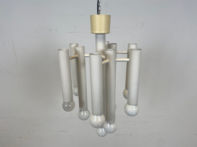 WMK # Berühmte und gut erhaltene weiße 70er Jahre Space Age Designer Deckenlampe von Temde aus Metall mit 10-flammigen Licht # Lampe Deckenleuchte Luster Kronleuchter Pendelleuchte Lamp Vintage