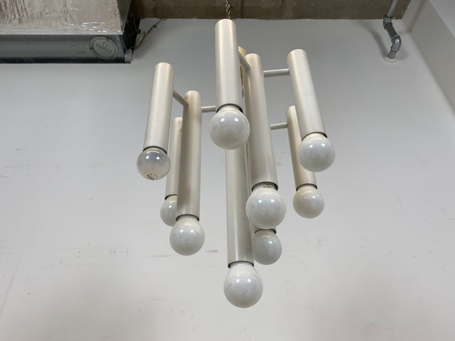 WMK # Berühmte und gut erhaltene weiße 70er Jahre Space Age Designer Deckenlampe von Temde aus Metall mit 10-flammigen Licht # Lampe Deckenleuchte Luster Kronleuchter Pendelleuchte Lamp Vintage