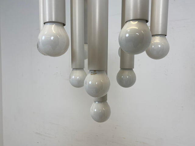 WMK # Berühmte und gut erhaltene weiße 70er Jahre Space Age Designer Deckenlampe von Temde aus Metall mit 10-flammigen Licht # Lampe Deckenleuchte Luster Kronleuchter Pendelleuchte Lamp Vintage