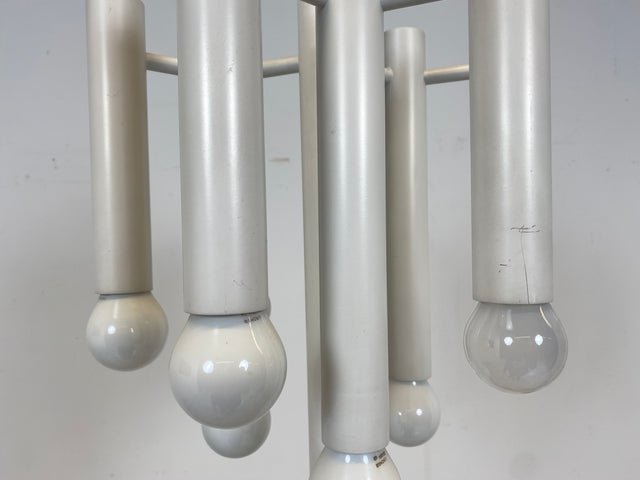WMK # Berühmte und gut erhaltene weiße 70er Jahre Space Age Designer Deckenlampe von Temde aus Metall mit 10-flammigen Licht # Lampe Deckenleuchte Luster Kronleuchter Pendelleuchte Lamp Vintage