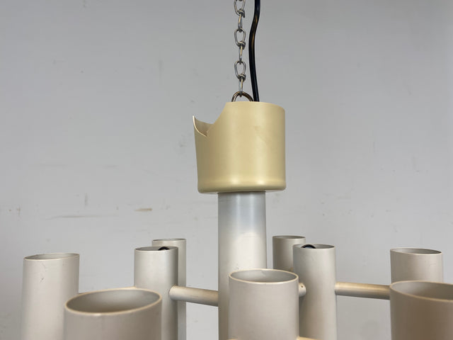 WMK # Berühmte und gut erhaltene weiße 70er Jahre Space Age Designer Deckenlampe von Temde aus Metall mit 10-flammigen Licht # Lampe Deckenleuchte Luster Kronleuchter Pendelleuchte Lamp Vintage