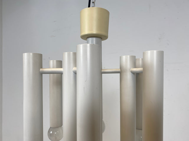 WMK # Berühmte und gut erhaltene weiße 70er Jahre Space Age Designer Deckenlampe von Temde aus Metall mit 10-flammigen Licht # Lampe Deckenleuchte Luster Kronleuchter Pendelleuchte Lamp Vintage