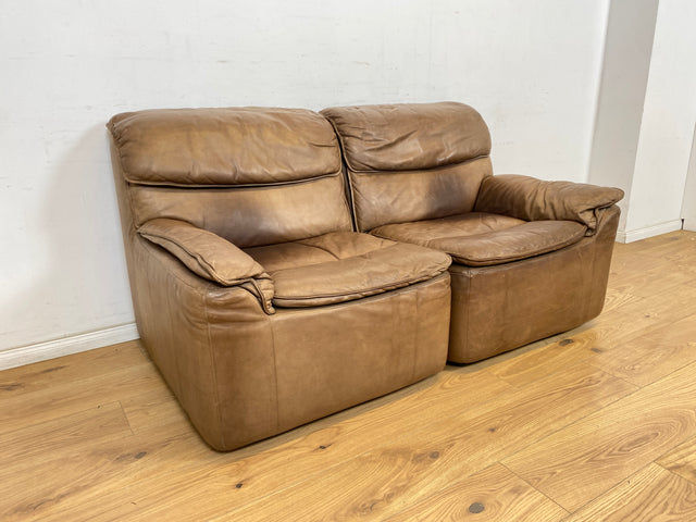 WMK Schöne & äußerst bequeme modulare Vintage Sitzgarnitur aus Sessel , 2er & 3er Sofa in Echtleder mit Patina # Sitzlandschaft Modularsofa Ledergarnitur Ledersofa Ledercouch Ledersessel Couch 70er