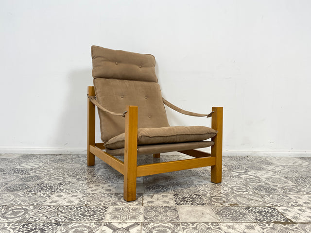 WMK Stilvoller, gemütlicher & gut erhaltener Vintage Sessel im Safari Stil mit hochwertigem Stoffbezug # Lesesessel Relaxsessel Fernsehsessel Sitzgarnitur Mid-Century Skandinavisches Design Retro