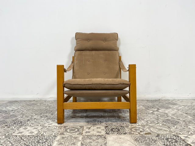 WMK Stilvoller, gemütlicher & gut erhaltener Vintage Sessel im Safari Stil mit hochwertigem Stoffbezug # Lesesessel Relaxsessel Fernsehsessel Sitzgarnitur Mid-Century Skandinavisches Design Retro