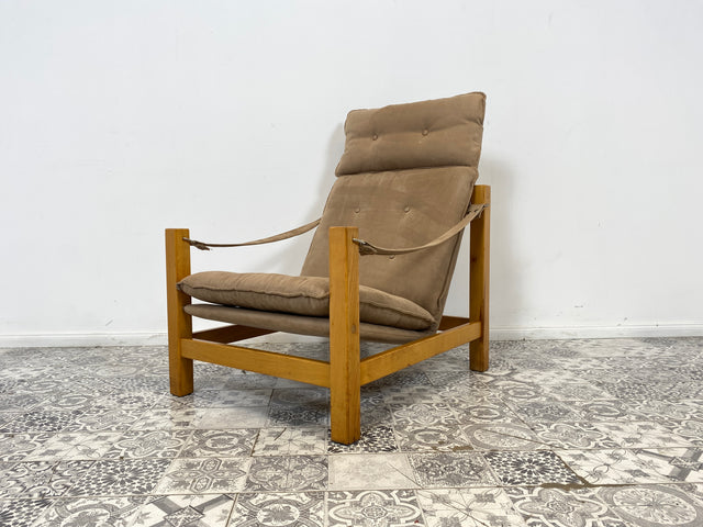 WMK Stilvoller, gemütlicher & gut erhaltener Vintage Sessel im Safari Stil mit hochwertigem Stoffbezug # Lesesessel Relaxsessel Fernsehsessel Sitzgarnitur Mid-Century Skandinavisches Design Retro