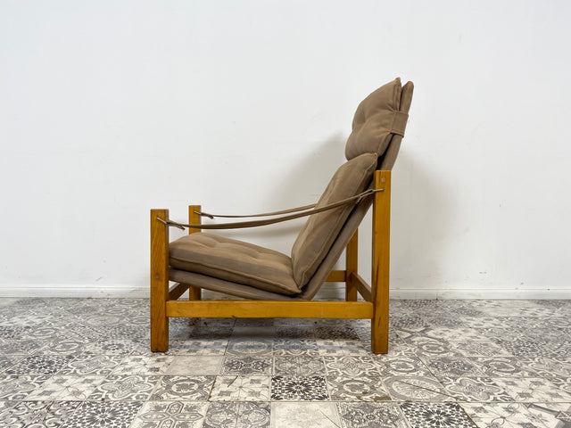 WMK Stilvoller, gemütlicher & gut erhaltener Vintage Sessel im Safari Stil mit hochwertigem Stoffbezug # Lesesessel Relaxsessel Fernsehsessel Sitzgarnitur Mid-Century Skandinavisches Design Retro