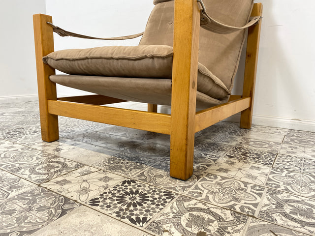 WMK Stilvoller, gemütlicher & gut erhaltener Vintage Sessel im Safari Stil mit hochwertigem Stoffbezug # Lesesessel Relaxsessel Fernsehsessel Sitzgarnitur Mid-Century Skandinavisches Design Retro
