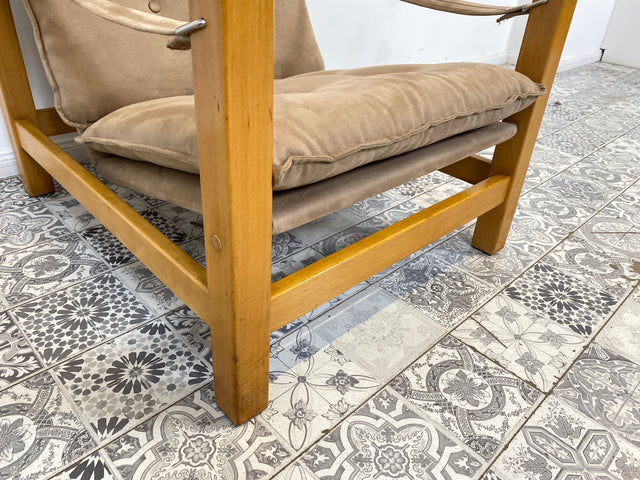 WMK Stilvoller, gemütlicher & gut erhaltener Vintage Sessel im Safari Stil mit hochwertigem Stoffbezug # Lesesessel Relaxsessel Fernsehsessel Sitzgarnitur Mid-Century Skandinavisches Design Retro