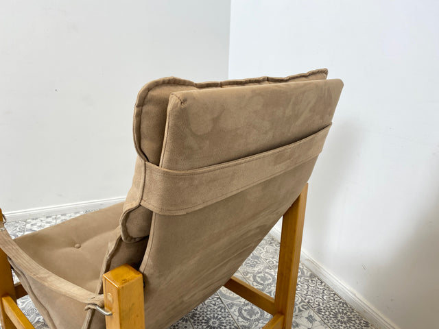 WMK Stilvoller, gemütlicher & gut erhaltener Vintage Sessel im Safari Stil mit hochwertigem Stoffbezug # Lesesessel Relaxsessel Fernsehsessel Sitzgarnitur Mid-Century Skandinavisches Design Retro