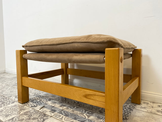 WMK Stilvoller, gemütlicher & gut erhaltener Vintage Hocker im Safari Stil mit hochwertigem Stoffbezug # Sitzhocker Fußhocker Sitz Pouf Tabouret Sitzgarnitur Mid-Century Skandinavisches Design Retro