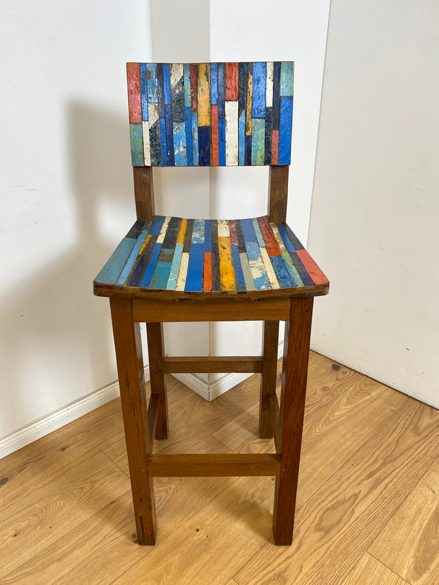 Boatwood by WMK # 1/3 Bunterschöner Barhocker aus altem Bootsholz, ein handgefertigtes Unikat aus massivem Teakholz # Barstuhl Hocker Sitzhocker Stuhl Küchenstuhl Holzstuhl Bar Stool Hausbar Gastro