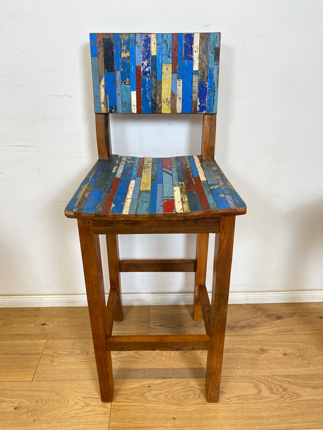 Boatwood by WMK # 1/3 Bunterschöner Barhocker aus altem Bootsholz, ein handgefertigtes Unikat aus massivem Teakholz # Barstuhl Hocker Sitzhocker Stuhl Küchenstuhl Holzstuhl Bar Stool Hausbar Gastro