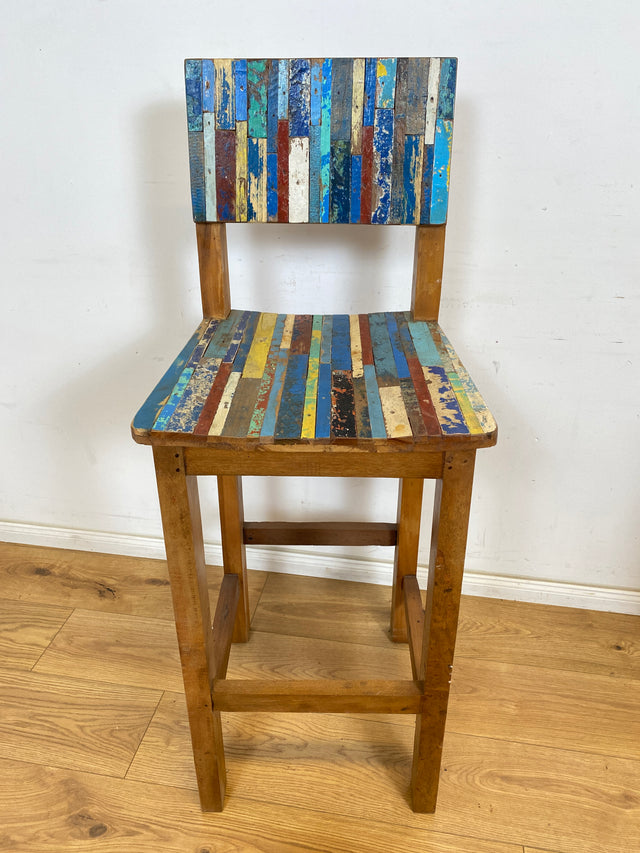Boatwood by WMK # 1/3 Bunterschöner Barhocker aus altem Bootsholz, ein handgefertigtes Unikat aus massivem Teakholz # Barstuhl Hocker Sitzhocker Stuhl Küchenstuhl Holzstuhl Bar Stool Hausbar Gastro