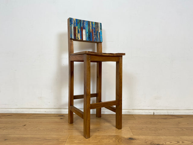 Boatwood by WMK # 1/3 Bunterschöner Barhocker aus altem Bootsholz, ein handgefertigtes Unikat aus massivem Teakholz # Barstuhl Hocker Sitzhocker Stuhl Küchenstuhl Holzstuhl Bar Stool Hausbar Gastro