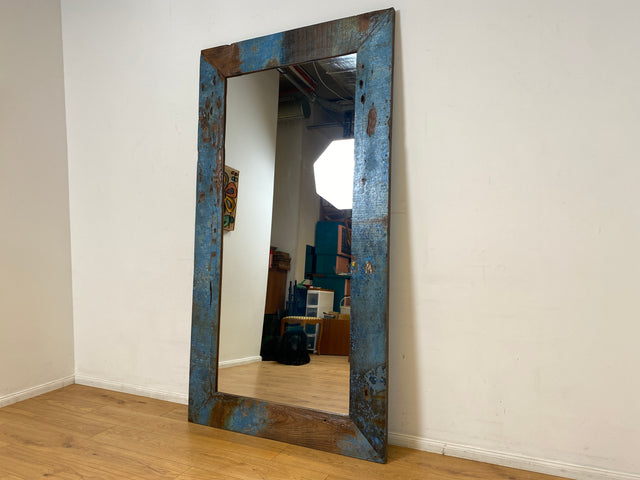 Boatwood by WMK I Meeresblauer 100x200cm großer Spiegel I handgefertigtes Unikat aus altem Bootsholz in Originalfarbe I Wandspiegel Standspiegel Ganzkörperspiegel Flurspiegel Garderobe Berlin Hof Ulm
