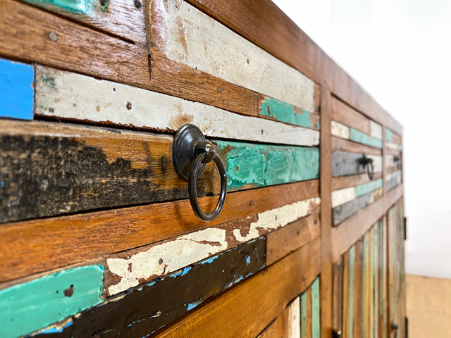 Boatwood by WMK I Einzigartiges Sideboard mit Schubladen I Handgefertigtes Unikat aus altem Bootsholz I Teakholz massiv I Kommode Schrank Anrichte Wäschekommode Schubladenkommode Berlin Bayern Kiel