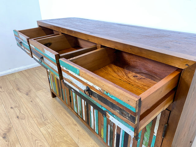 Boatwood by WMK I Einzigartiges Sideboard mit Schubladen I Handgefertigtes Unikat aus altem Bootsholz I Teakholz massiv I Kommode Schrank Anrichte Wäschekommode Schubladenkommode Berlin Bayern Kiel