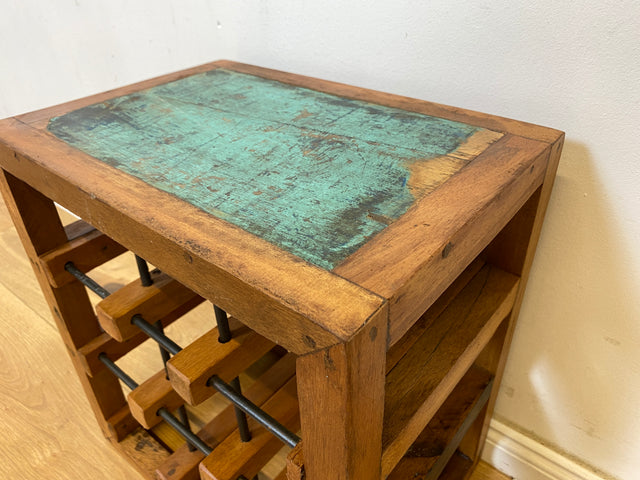 Boatwood by WMK # 1/5 Einzigartiges Weinregal für 9 Flaschen aus altem Bootsholz, ein handgefertigtes Unikat aus massivem Teakholz # Weinkiste Flaschenregal Beistelltisch Ablage Hocker Blumentisch Weinrack Teak