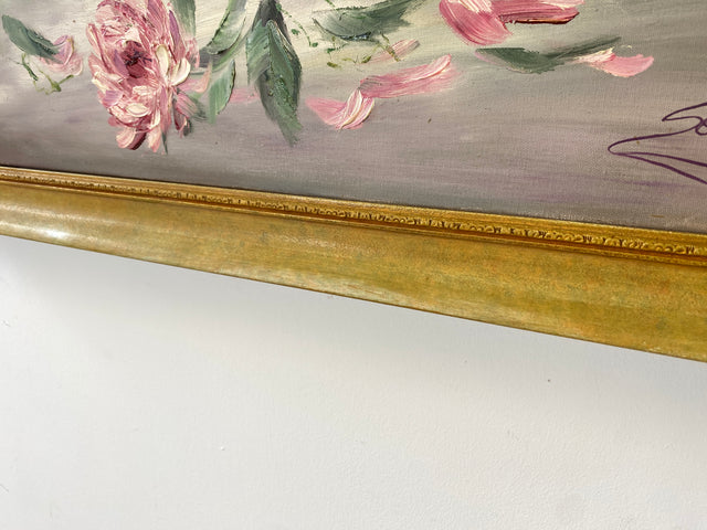 WMK I Versand möglich I Stimmiges und sehr gut gemaltes 60er Jahre Öl auf Leinwand Stillleben Gemälde in goldenem Stuck auf Holz Bilderrahmen I Ölbild Ölgemälde Bild Blumenstrauß Blumen Gold Vintage