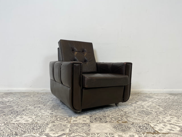 WMK # Hochwertiger und sehr gut erhaltener Mid-Century Sessel mit gestepptem braunem Echtlederbezug # Clubsessel Ledersessel Stuhl Sitzgarnitur Sitzgruppe Sofa Leder Vintage Retro
