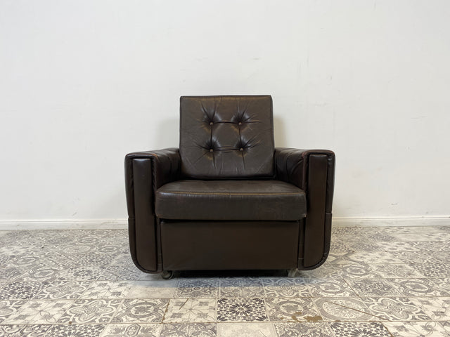 WMK # Hochwertiger und sehr gut erhaltener Mid-Century Sessel mit gestepptem braunem Echtlederbezug # Clubsessel Ledersessel Stuhl Sitzgarnitur Sitzgruppe Sofa Leder Vintage Retro