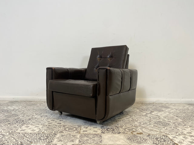 WMK # Hochwertiger und sehr gut erhaltener Mid-Century Sessel mit gestepptem braunem Echtlederbezug # Clubsessel Ledersessel Stuhl Sitzgarnitur Sitzgruppe Sofa Leder Vintage Retro