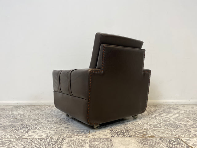 WMK # Hochwertiger und sehr gut erhaltener Mid-Century Sessel mit gestepptem braunem Echtlederbezug # Clubsessel Ledersessel Stuhl Sitzgarnitur Sitzgruppe Sofa Leder Vintage Retro
