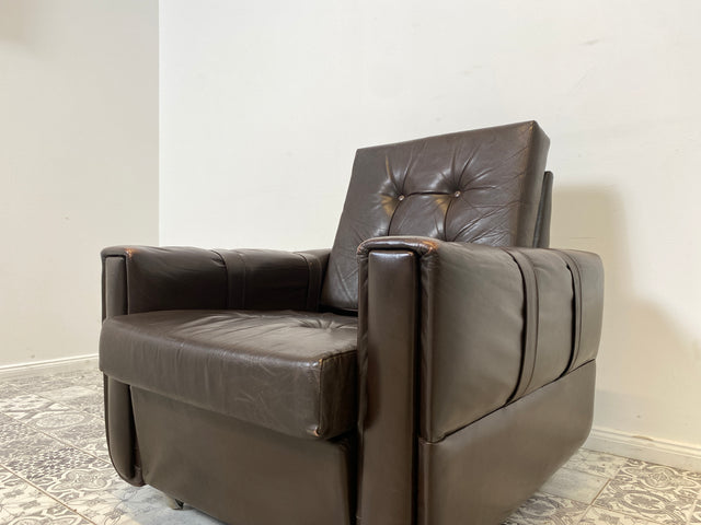 WMK # Hochwertiger und sehr gut erhaltener Mid-Century Sessel mit gestepptem braunem Echtlederbezug # Clubsessel Ledersessel Stuhl Sitzgarnitur Sitzgruppe Sofa Leder Vintage Retro